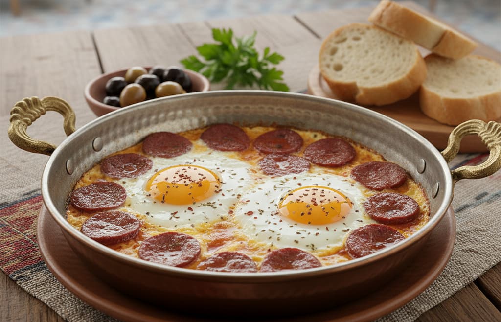 Sucuk and eggs in skillet