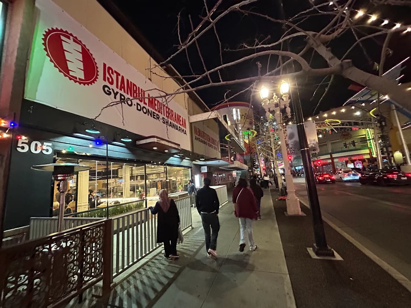 Istanbul Mediterranean Fremont Street exterior at night with 505 signage